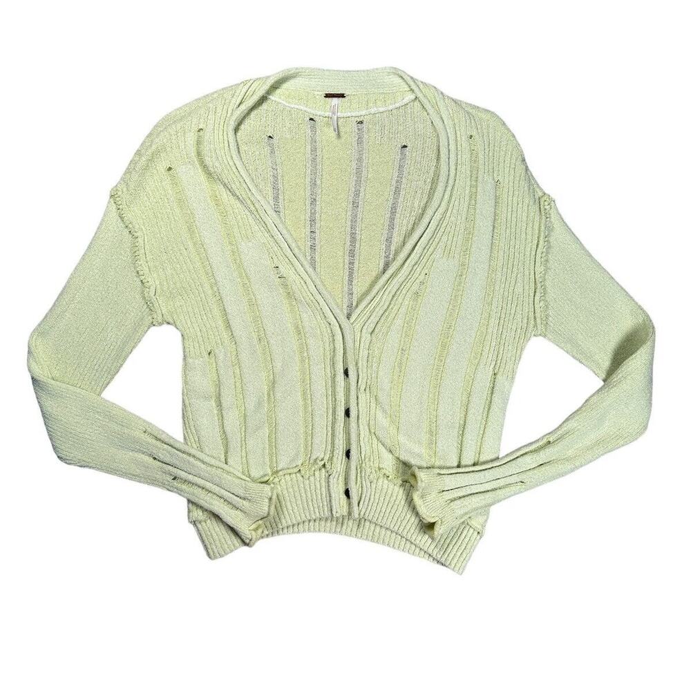 Free People Stevie Distressed Cardigan XS Lime Green Slouchy Cropped Sweater